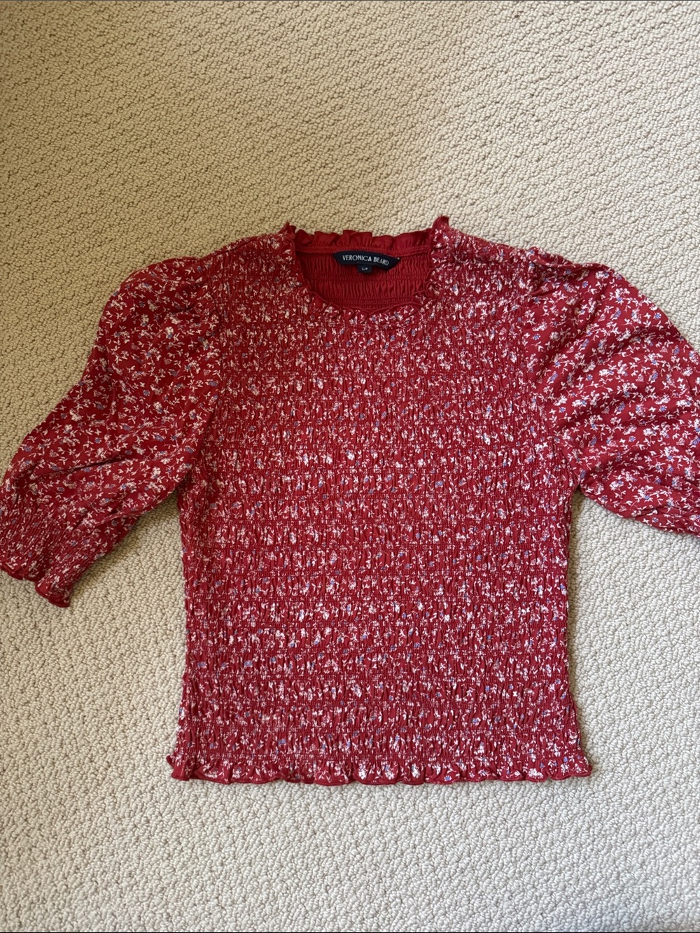 Veronica Beard Red and White Puff Sleeve Smocked Top